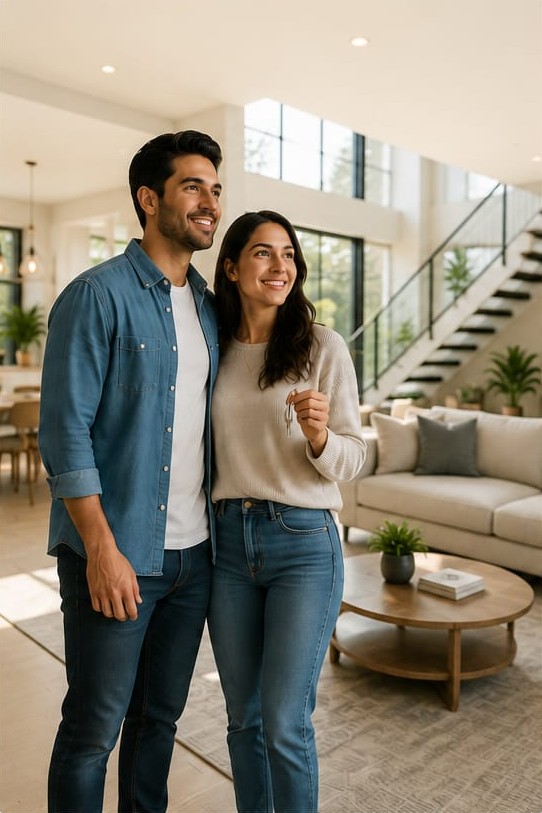 Couple holding keys inside a bright new home.