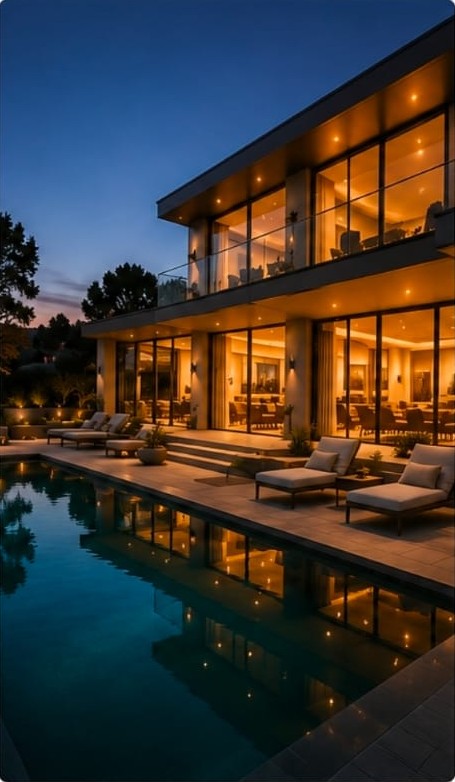 Illuminated contemporary estate beside a pool at dusk.