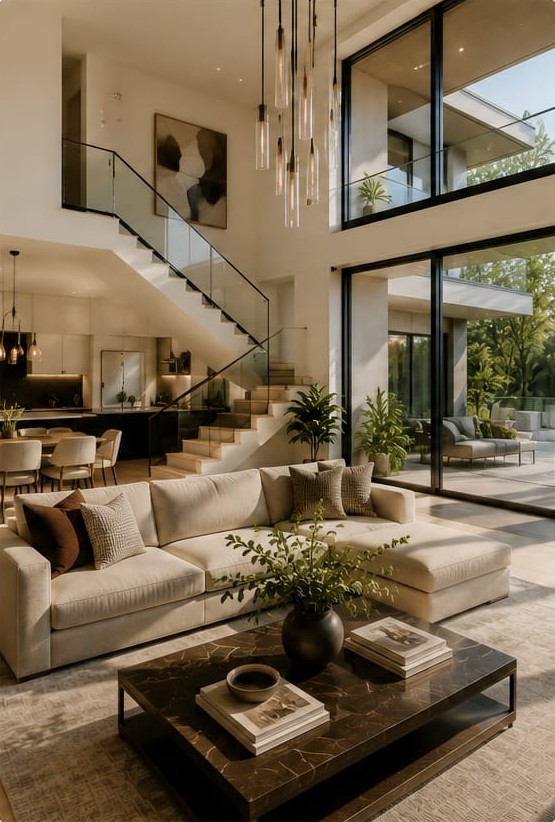 Open plan living room with a staircase and garden view.