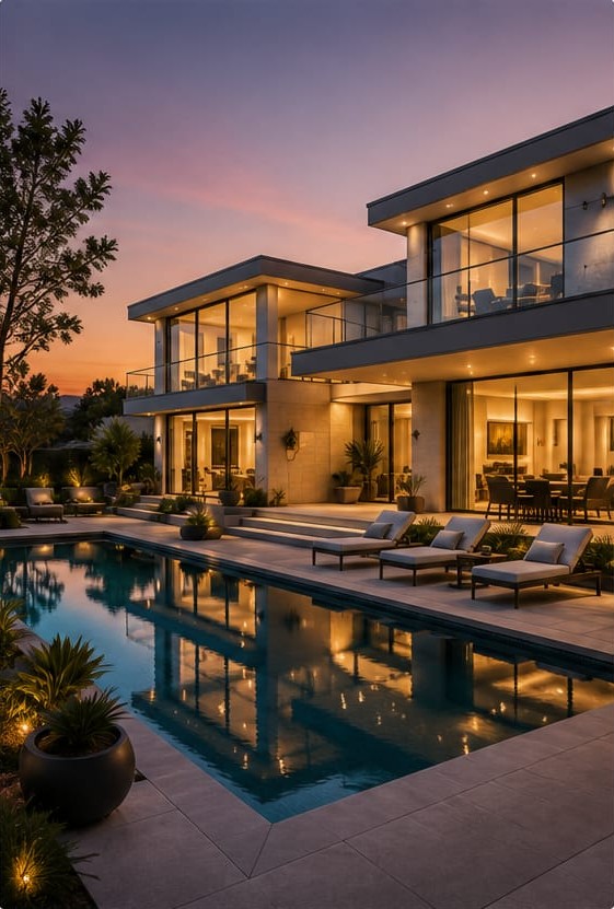 Modern residence with a pool at twilight.
