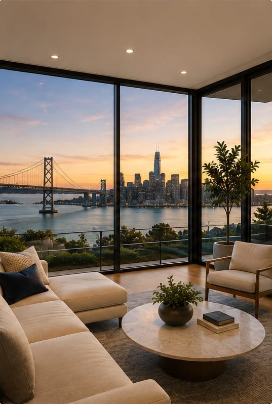 Living room overlooking the Bay Bridge and city skyline.