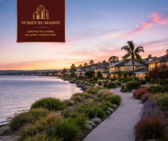 Peninsula coastal community at sunset.