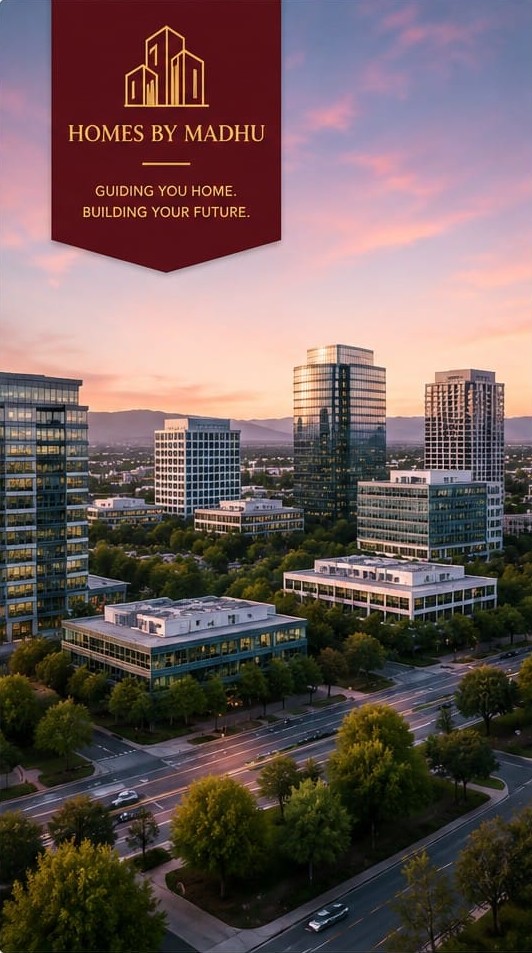Silicon Valley cityscape at dusk.