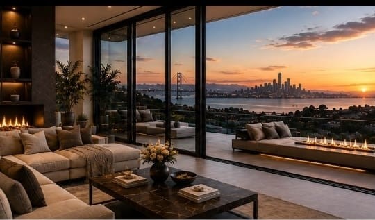 Living room opening to a Bay Area terrace at sunset.