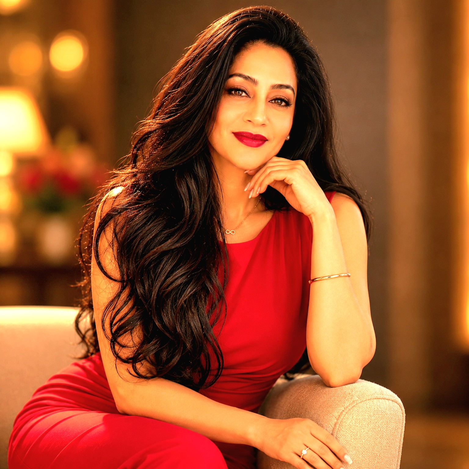 Madhu in a red dress.