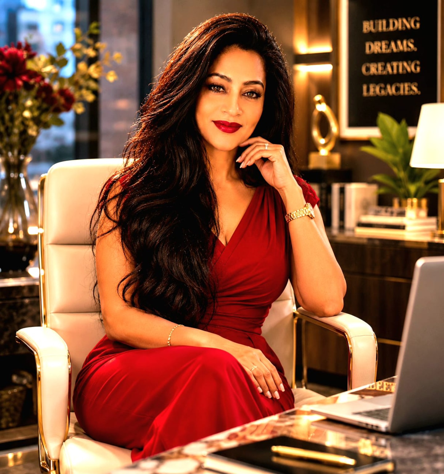 Madhu seated at a desk.